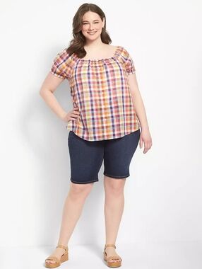 Lane Bryant Classic Short-Sleeve Off-The-Shoulder Blouse Plaid Size 18/20